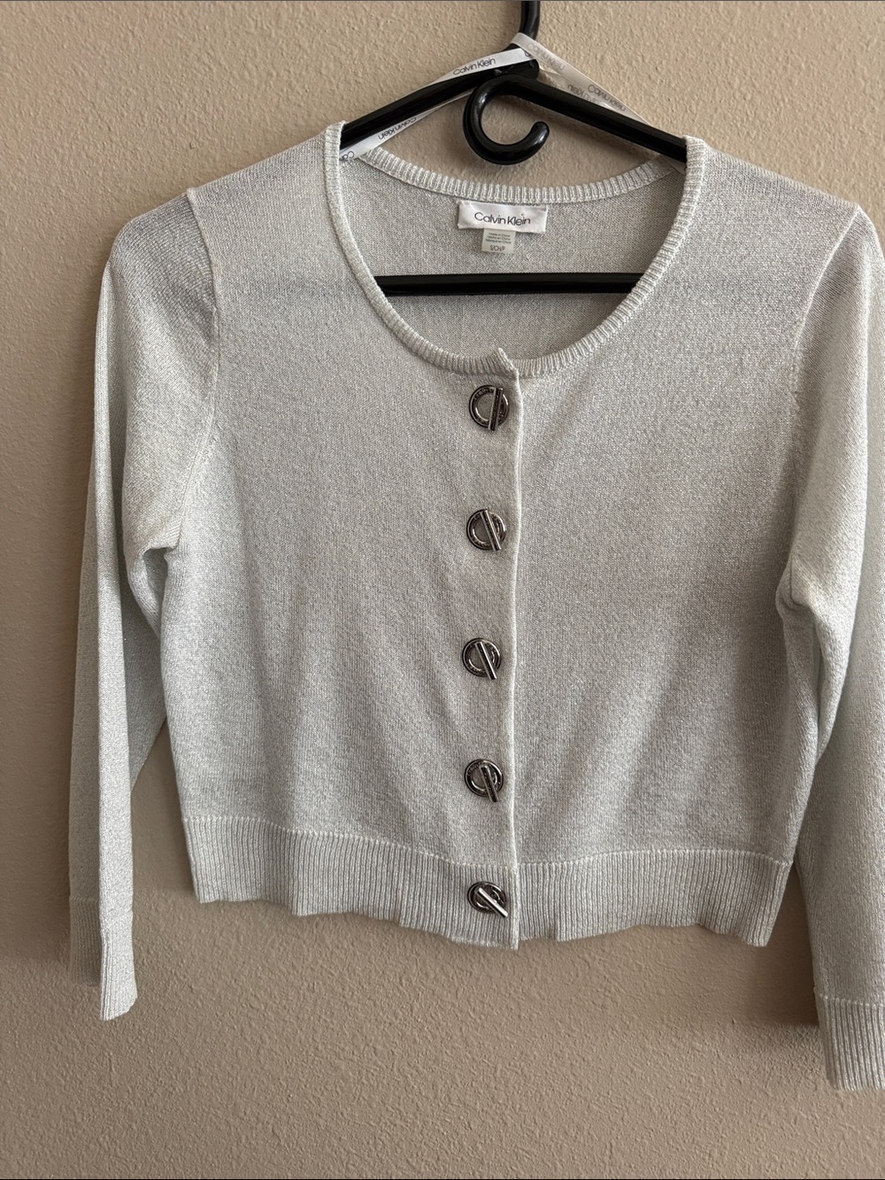 Calvin Klein Women's Silver Shimmer Crewneck Button Cardigan